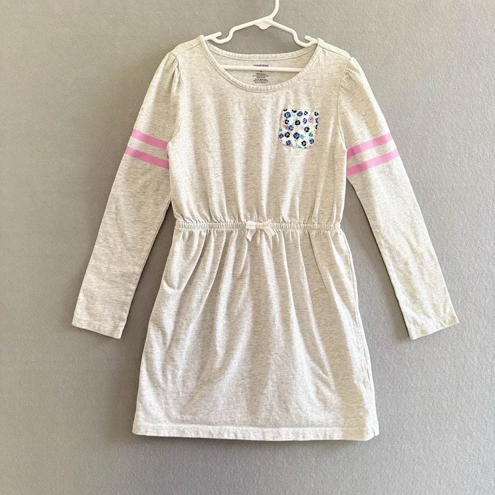 Gymboree Girls Tunic Dress Heather Grey, Pink Stripe Sleeve & Floral Pocket 10
